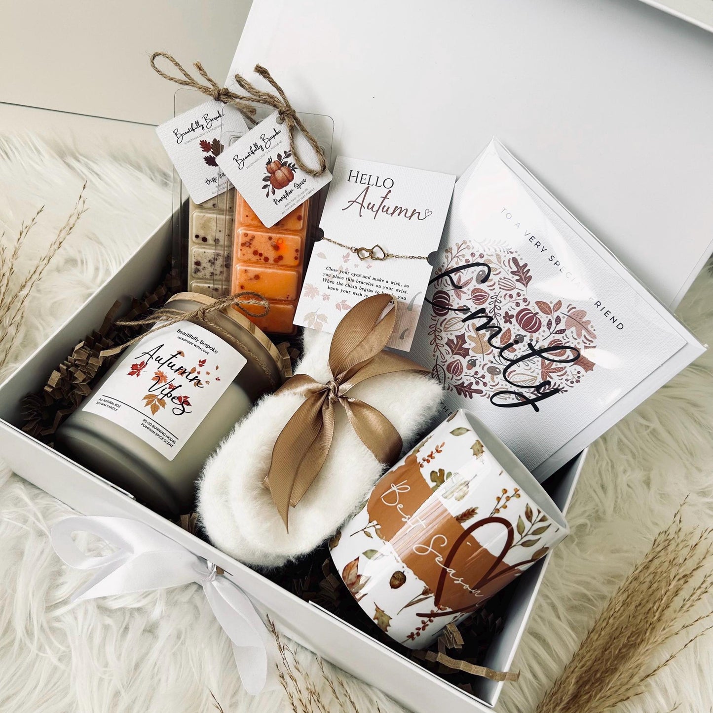 Cozy Autumn Gift Box for Her: Personalized Cup, Candle & Wish Bracelet