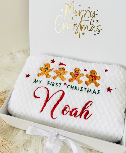 Personalized 'My First Christmas' Embroidered Blanket – Gingerbread Design
