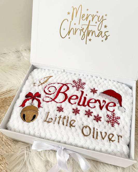 Personalized Christmas Blanket – Embroidered Believe Design, Gift Box