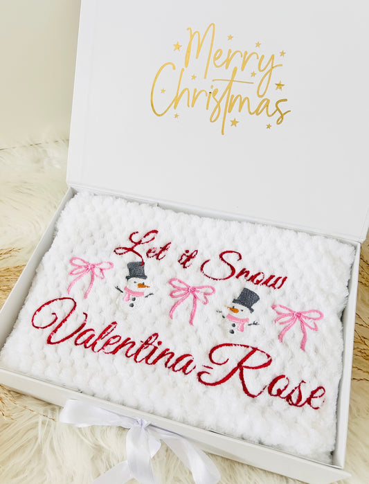 Personalized Christmas Blanket – Embroidered Snowman Design, Gift Box