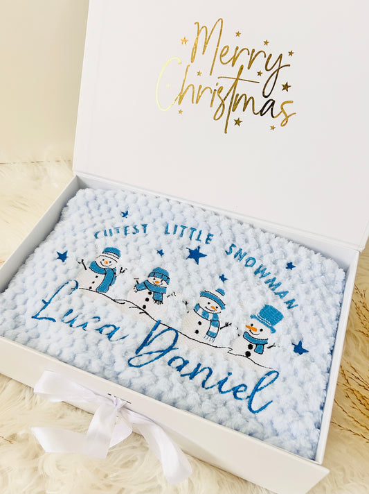 Personalized Christmas Embroidered Baby Blanket – Snowman Theme, Gift Box