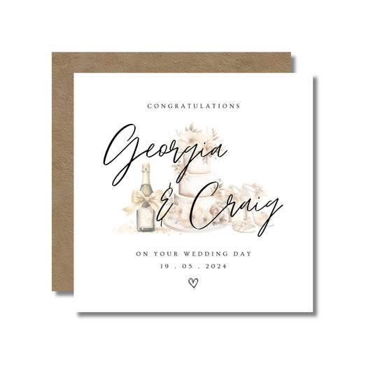 Wedding Day Card: Champagne, Cake & Shoes Design