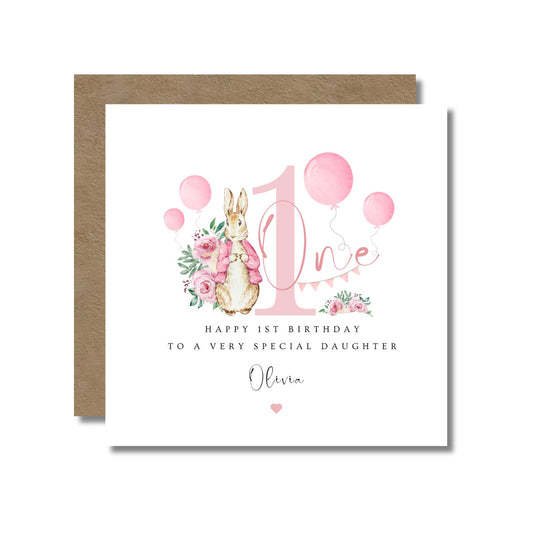 First Birthday Card For Baby Girl: Peter Rabbit Design
