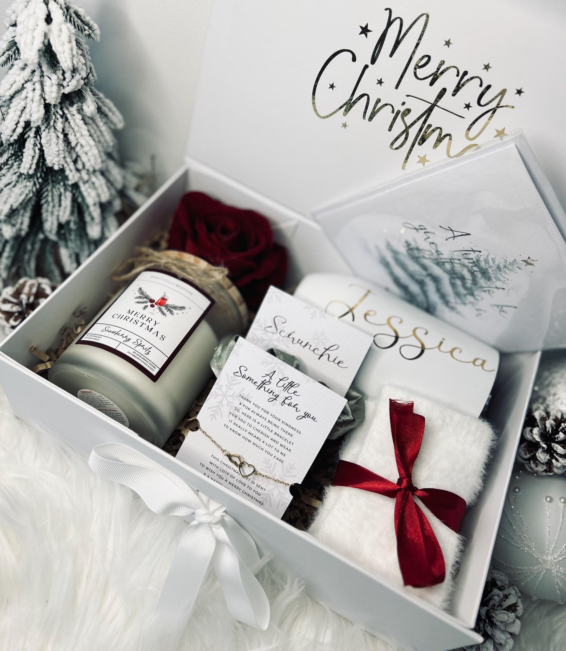 Personalized Christmas Gift Box: Flute, Candle, Socks & More