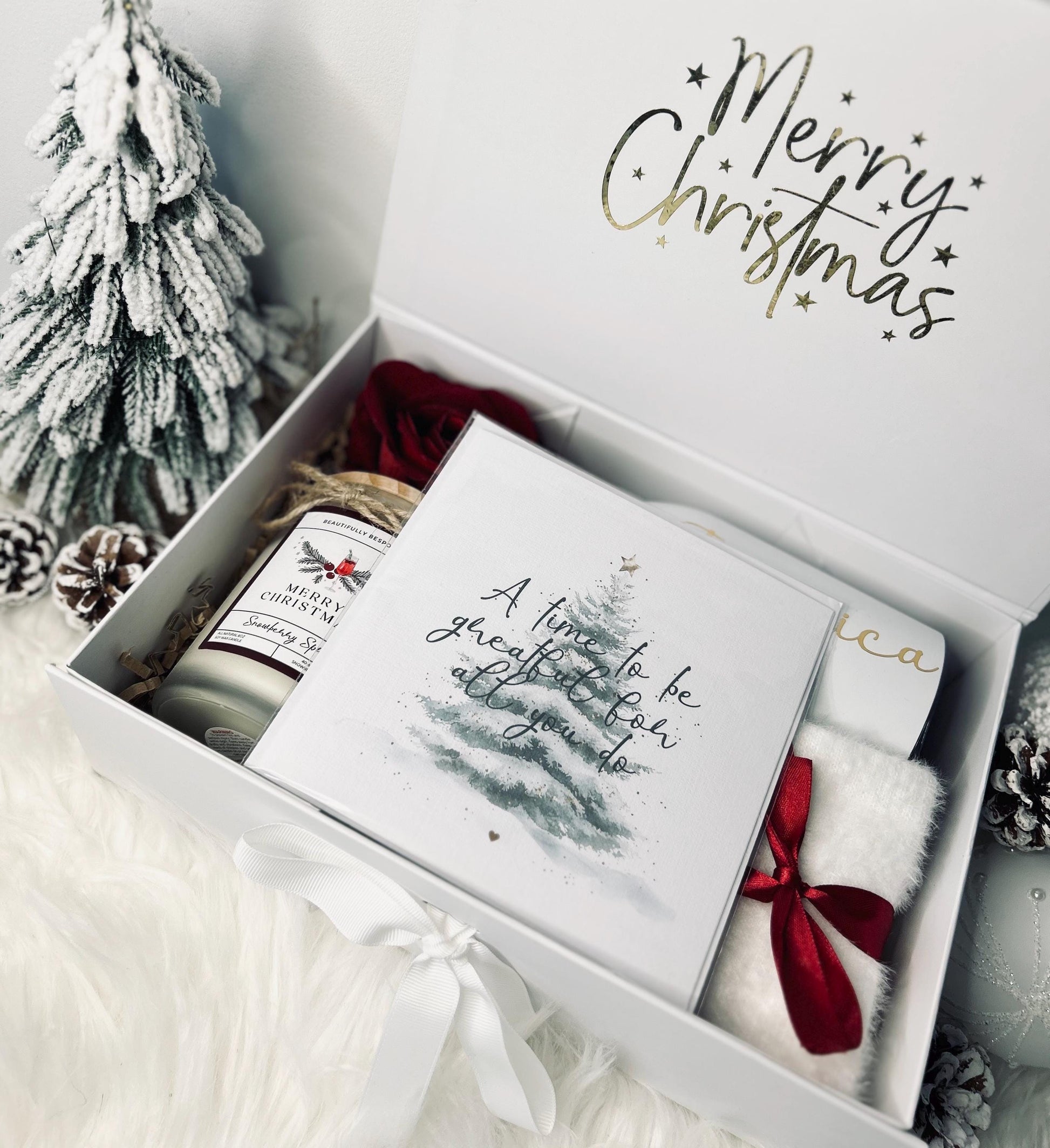Personalized Christmas Gift Box: Flute, Candle, Socks & More
