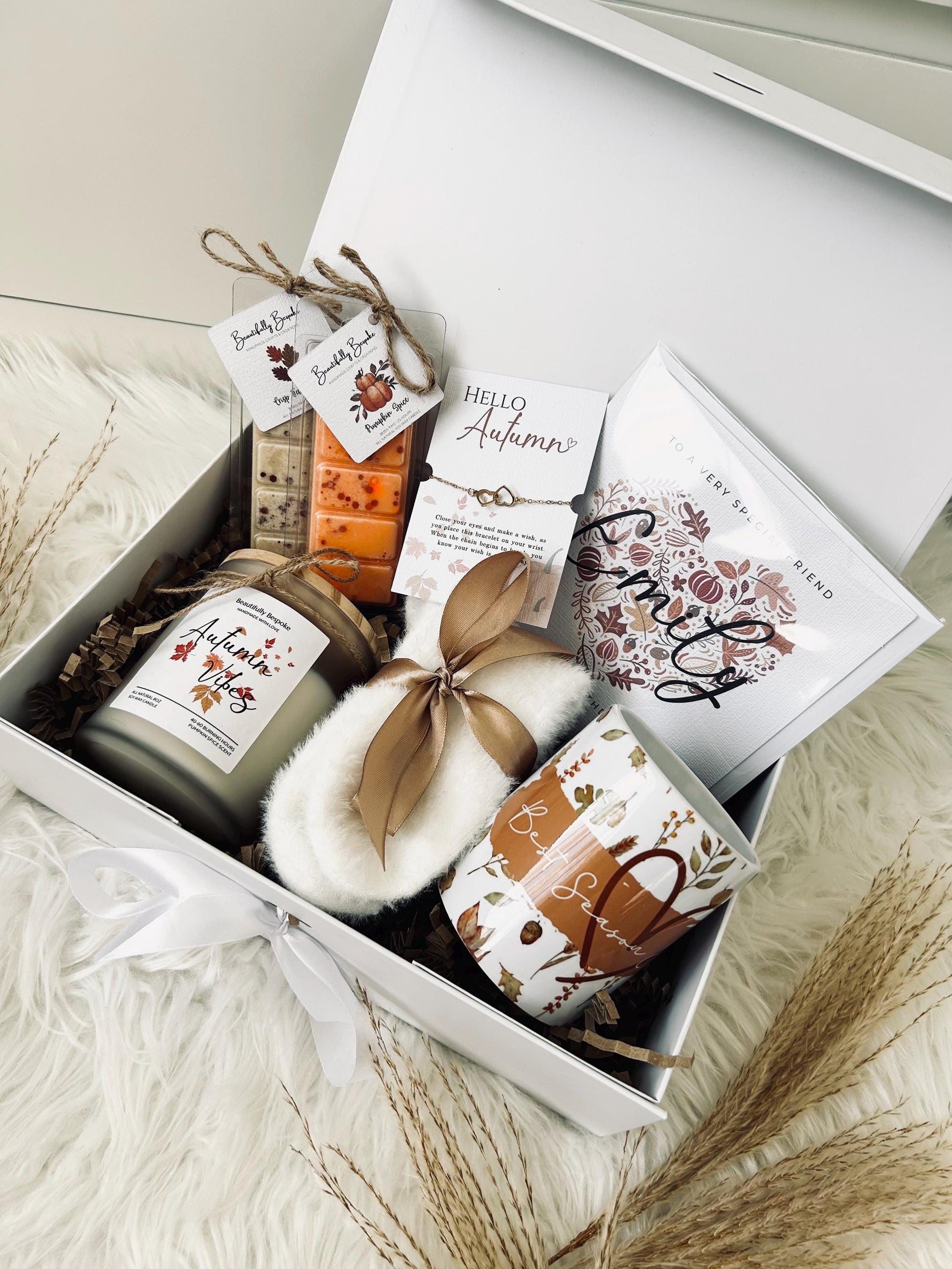 Cozy Autumn Gift Box for Her: Personalized Cup, Candle & Wish Bracelet